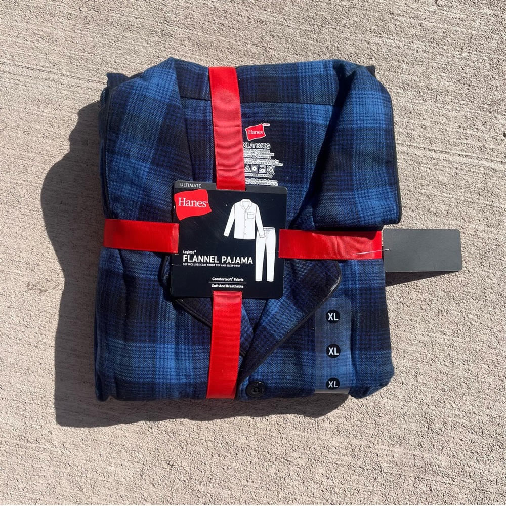 Hanes Blue and Black Plaid Flannel Pajama Set